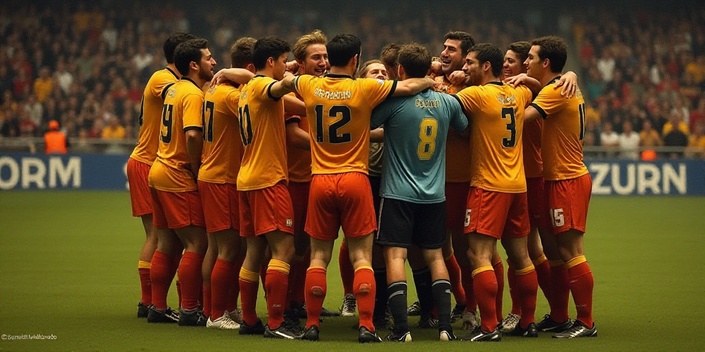 a group of soccer players are huddled together in a huddle in celebration of a goalie's goal, Estuar