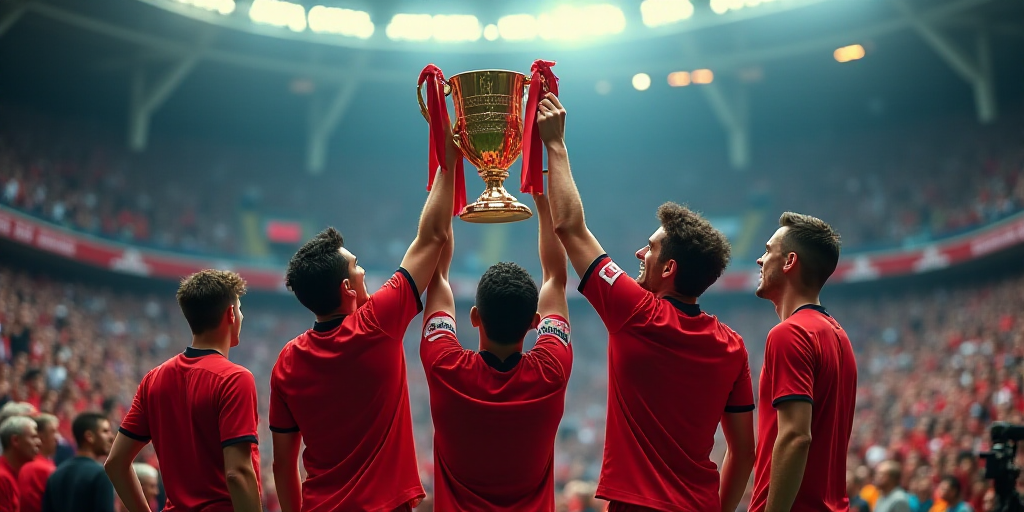 a group of soccer players holding up a trophy on a stage with a crowd watching them from the stands,