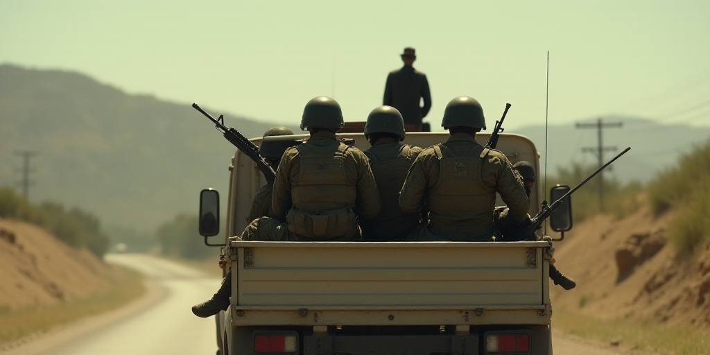a group of soldiers riding on the back of a truck down a road with a gun in hand and another soldier