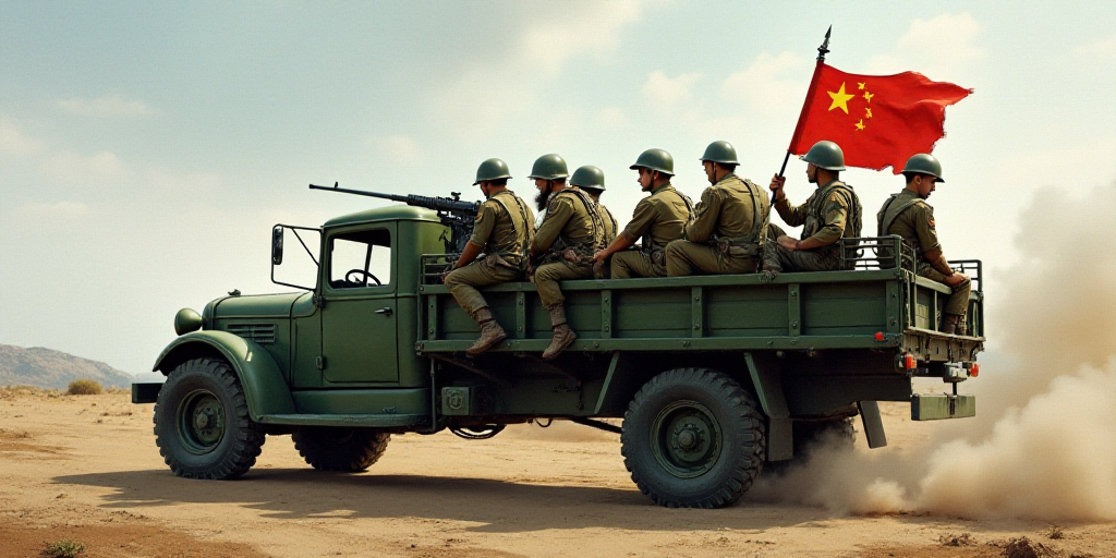 a group of soldiers sitting on the back of a truck with a gun in the back of it and a flag on the ba