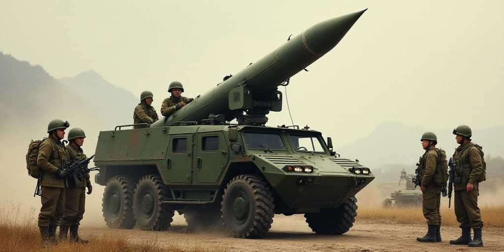 a group of soldiers standing around a military vehicle with a rocket on top of it and a man standing
