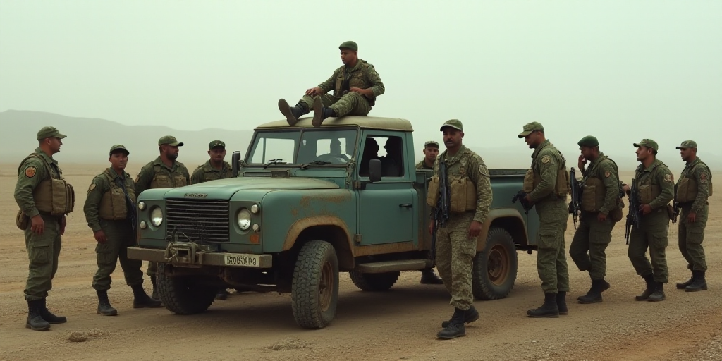a group of soldiers standing around a truck with a man on top of it and a man in the back of the tru