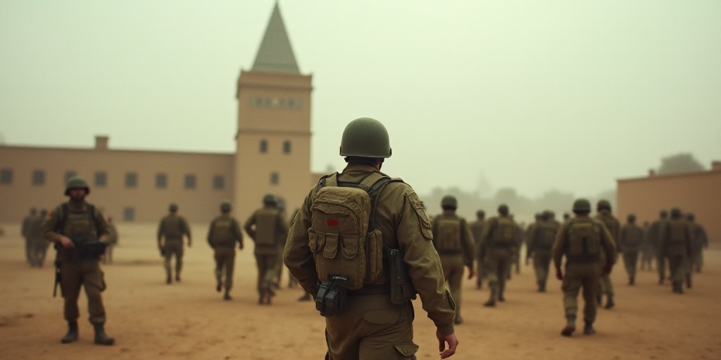 a group of soldiers walking through a dirt field in front of a building with a large tower in the ba