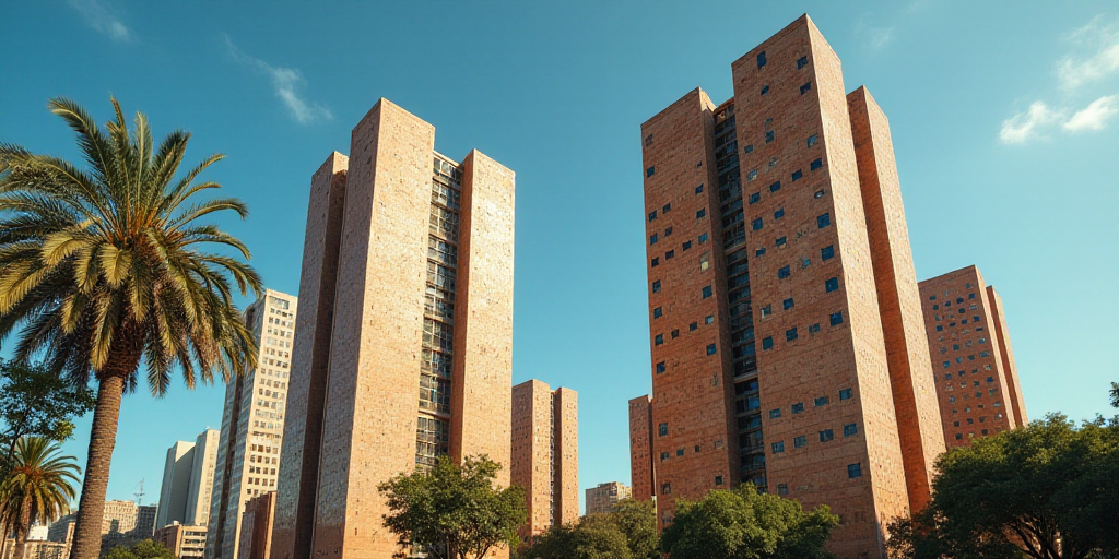 a group of tall buildings with a sky background and a tree in the foreground with a blue sky, David
