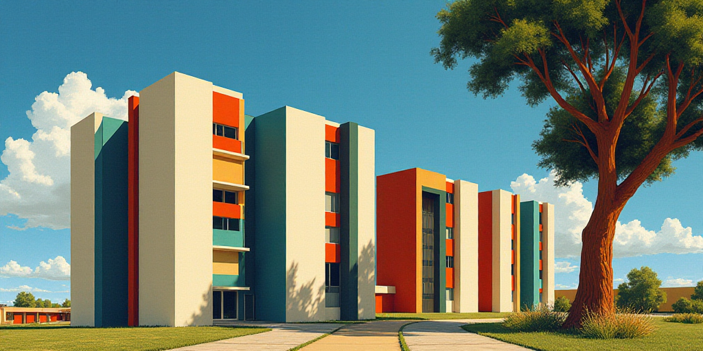 a group of tall buildings with a sky background and a tree in the foreground with a blue sky, David