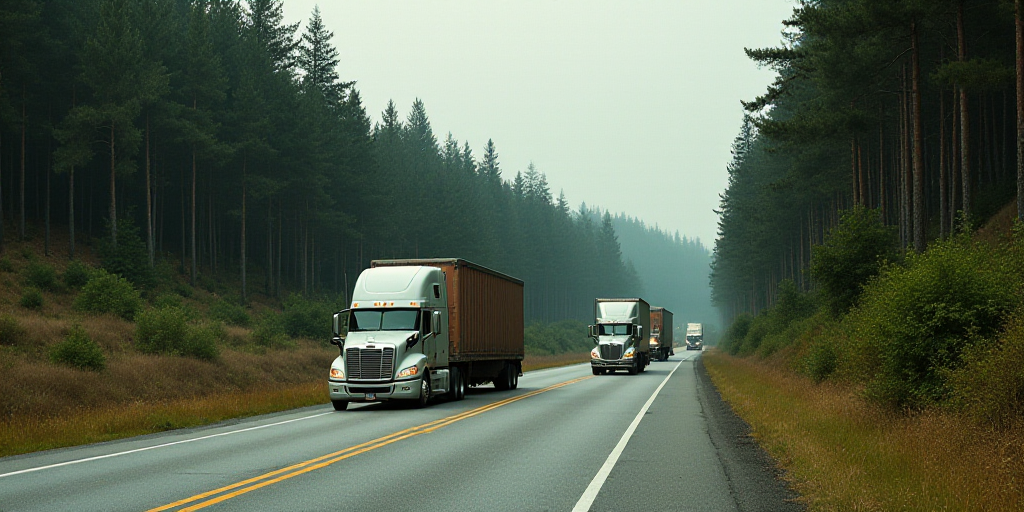 a group of trucks driving down a road next to a forest filled with trees and bushes on both sides of