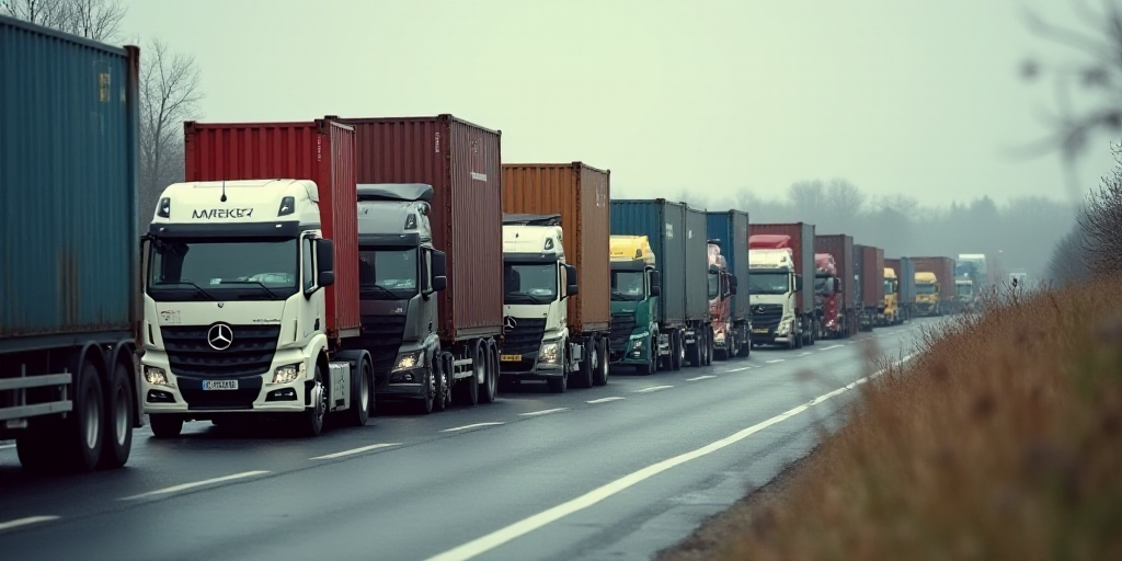 a group of trucks parked next to each other on a road near a loading dock with containers on top of