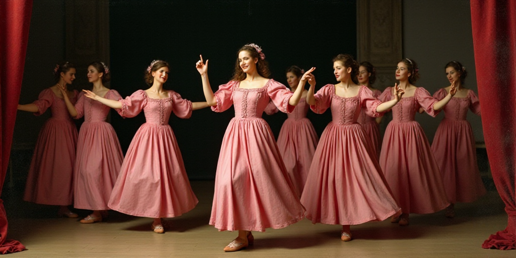 a group of women in pink dresses dancing on stage with one woman in the middle of the group and one