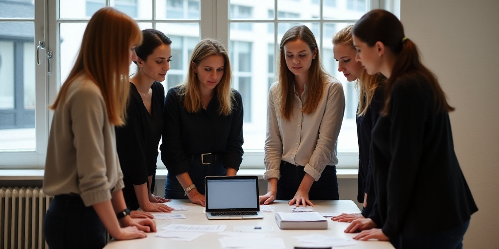 a group of women standing around a table in a room with a laptop and papers on it, looking at a tabl