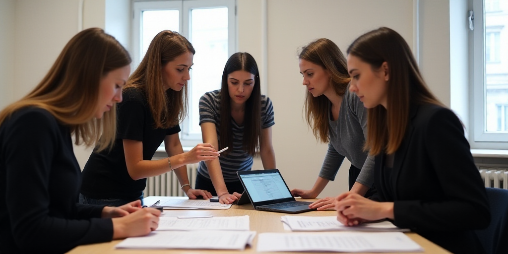 a group of women standing around a table in a room with a laptop and papers on it, looking at a tabl