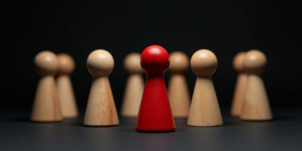 a group of wooden pegs standing in a row on a black surface with a red one in the middle, Bernd Fasc