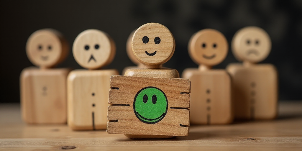 a group of wooden people with faces drawn on them and a sign with a green smiley face on it, Évaris