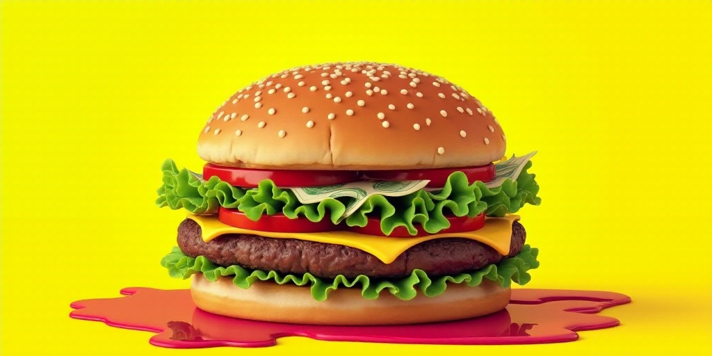 a hamburger with a lot of money on it and a yellow background with a splash of paint on it, Andries