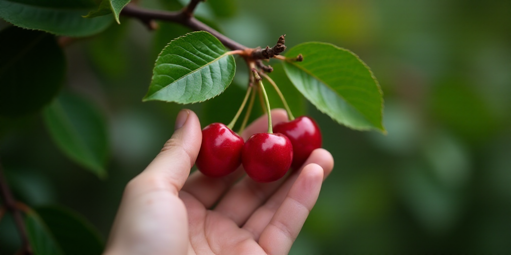 a hand holding a branch with three cherries on it, and a leaf in the background, with a person's han