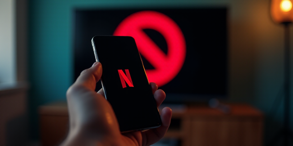 a hand holding a cell phone with a netflix logo on it in front of a television screen with a no sign