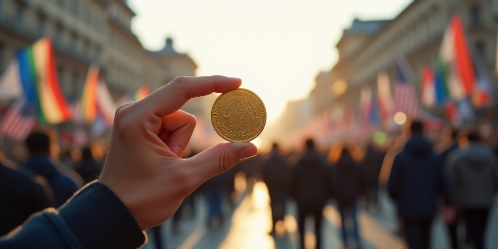 a hand holding a coin in front of a group of people in a city with flags and signs above them, Cefer