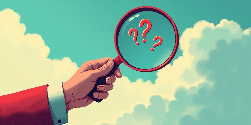 a hand holding a magnifying glass with question marks coming out of it and a sky background with clo
