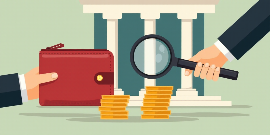 a hand holding a red wallet and a stack of coins with a magnifying glass in front of a bank, Chica M