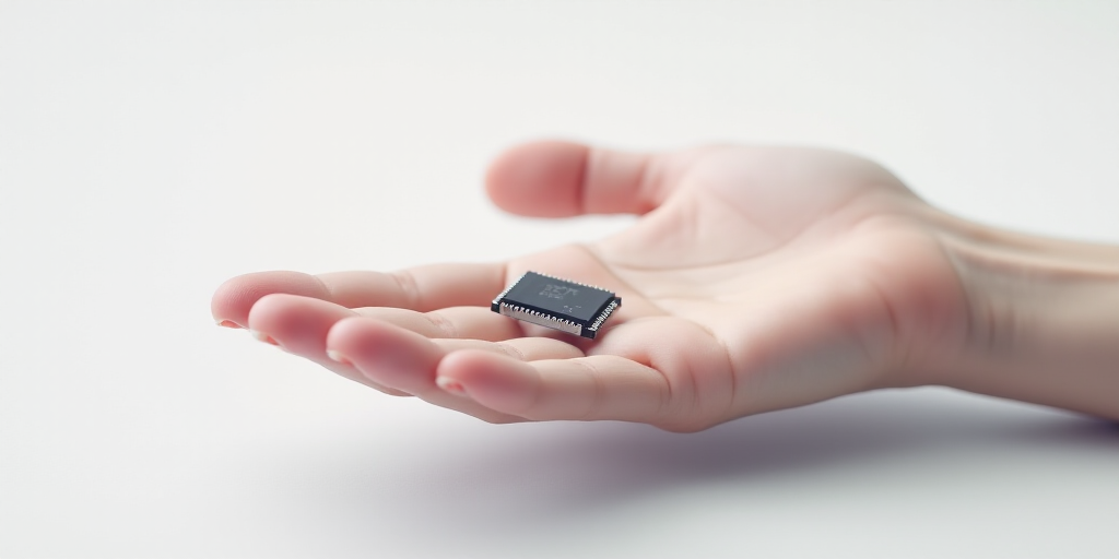 a hand holding a small electronic chip in it's palm, with a white background and a white background,