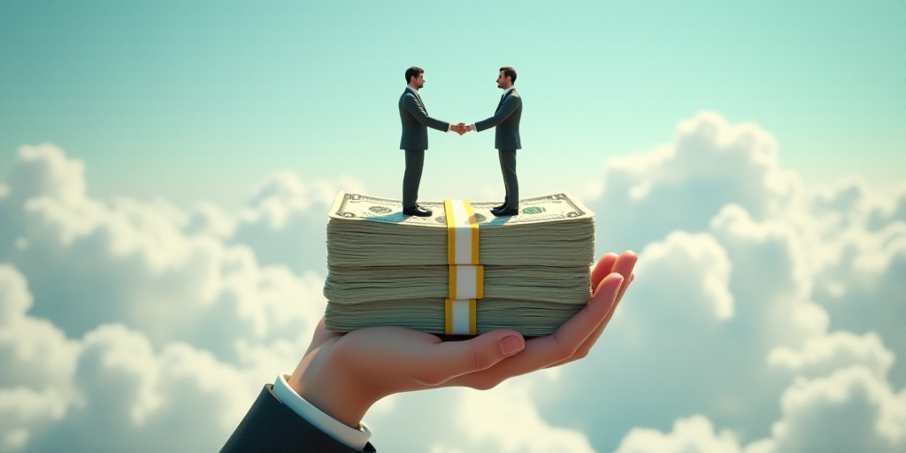 a hand holding a stack of money with two men standing on top of it and a sky background with clouds,