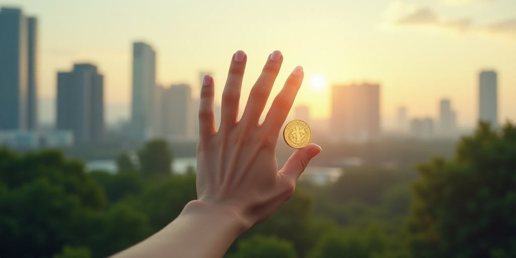 a hand is reaching for money in front of a city skyline with trees and buildings, with a hand reachi