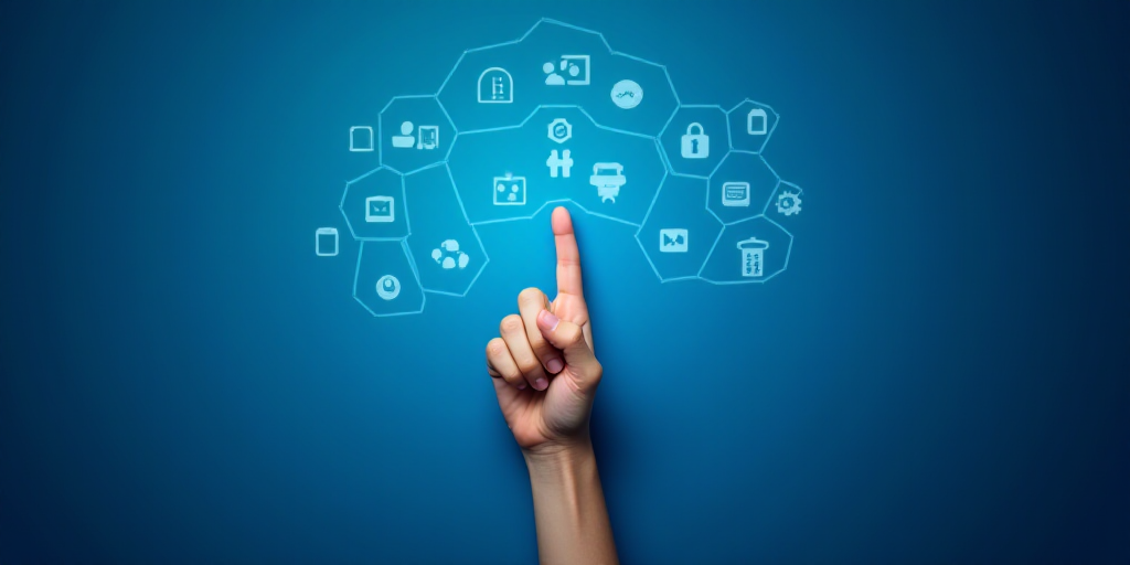 a hand pointing at a blue wall with a bunch of icons on it and a finger pointing at it, Andries Stoc