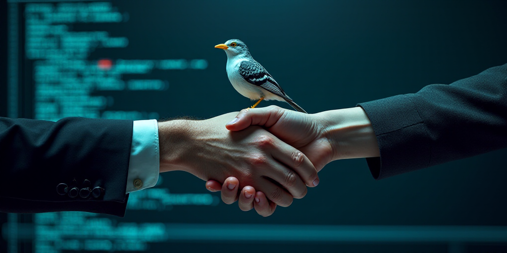 a hand shaking another hand with a bird on top of it, in front of a computer screen with a backgroun