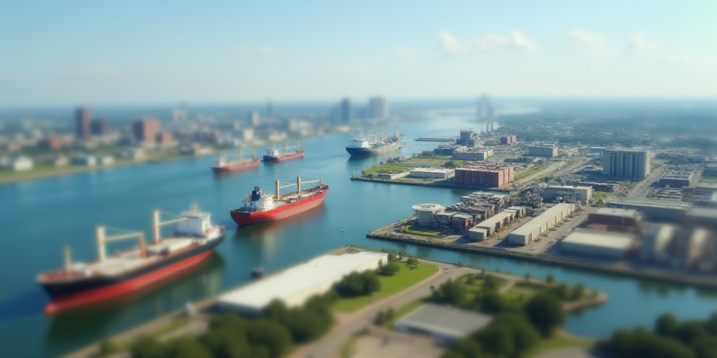 a harbor with several large ships in it and a city in the background with a large industrial area in
