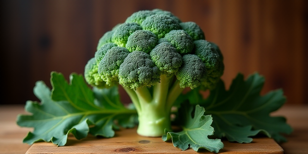 a head of broccoli on a wooden surface with leaves and leaves around it, with a wooden background, B