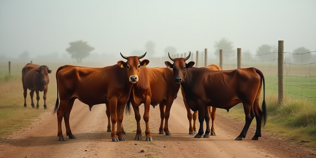 a herd of cattle standing next to each other on a dirt field next to a fence and a road, Afewerk Tek