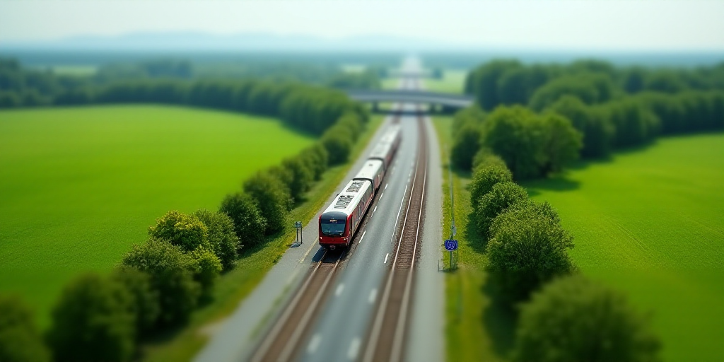 a highway going through a green field with a bridge in the background and a red and white train on t