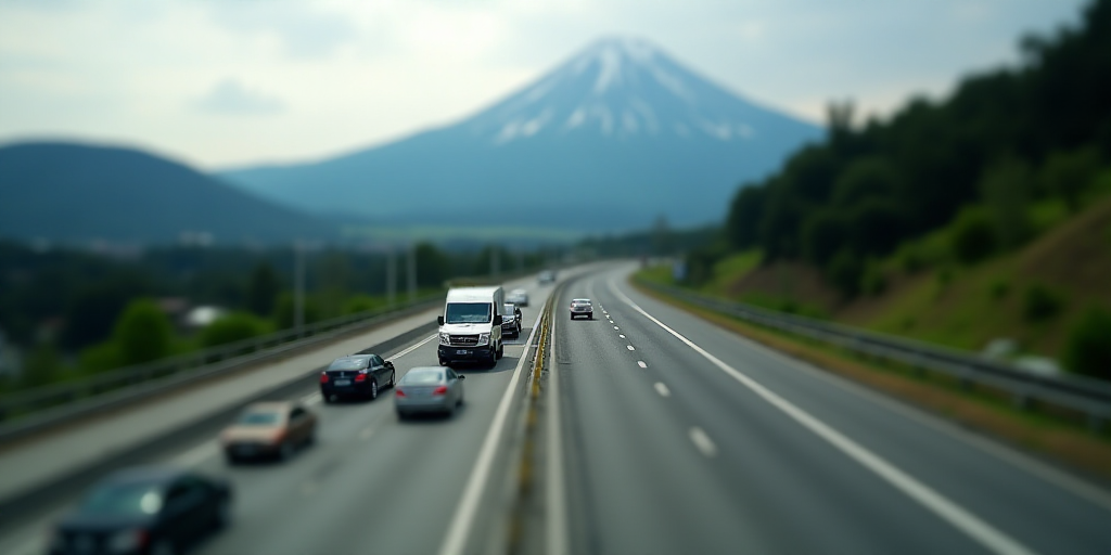 a highway with a bunch of cars driving on it and a mountain in the background with trees on the side