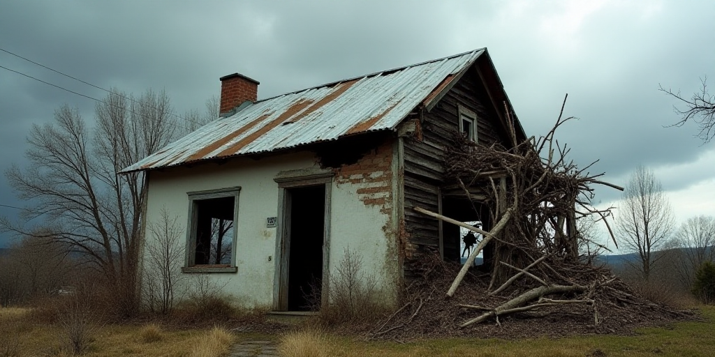 a house that has been destroyed and is falling apart and has been gutted with a metal roof and a pil