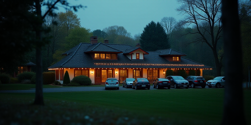 a house with a lot of trees and a lot of lights on it's roof and a lot of cars parked in front of it