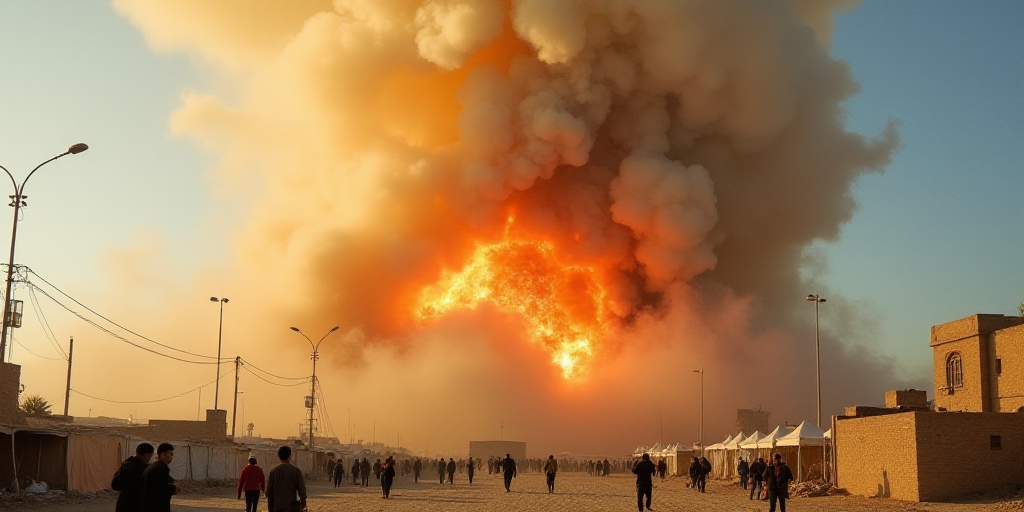 a huge explosion of smoke and dust in a city with tents and people walking around it and a sky backg