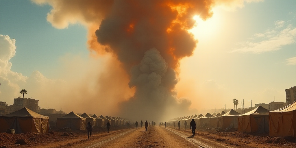 a huge explosion of smoke and dust in a city with tents and people walking around it and a sky backg