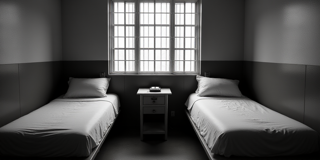 a jail cell with two beds and a table with a phone on it and a window behind them that has bars, Arl