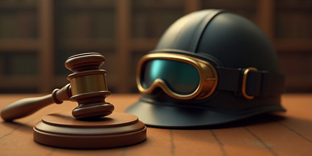 a judge's gavel and a helmet on a table with a pair of goggles on it, Evelyn Abelson, well - rendere