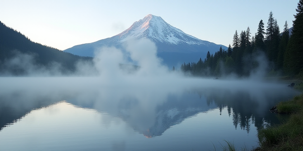 a lake with a mountain in the background and steam rising from the water's surface and trees on the
