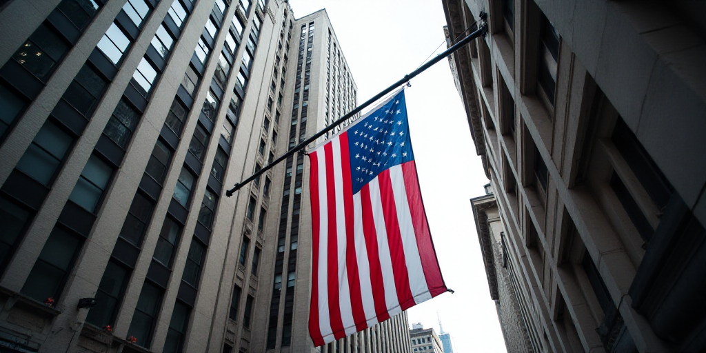 a large american flag is hanging from a building in new york city, usa, on a flagpole, Andries Stock