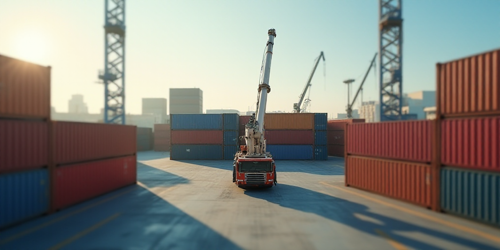 a large amount of containers are stacked up in a large warehouse area with a crane in the background