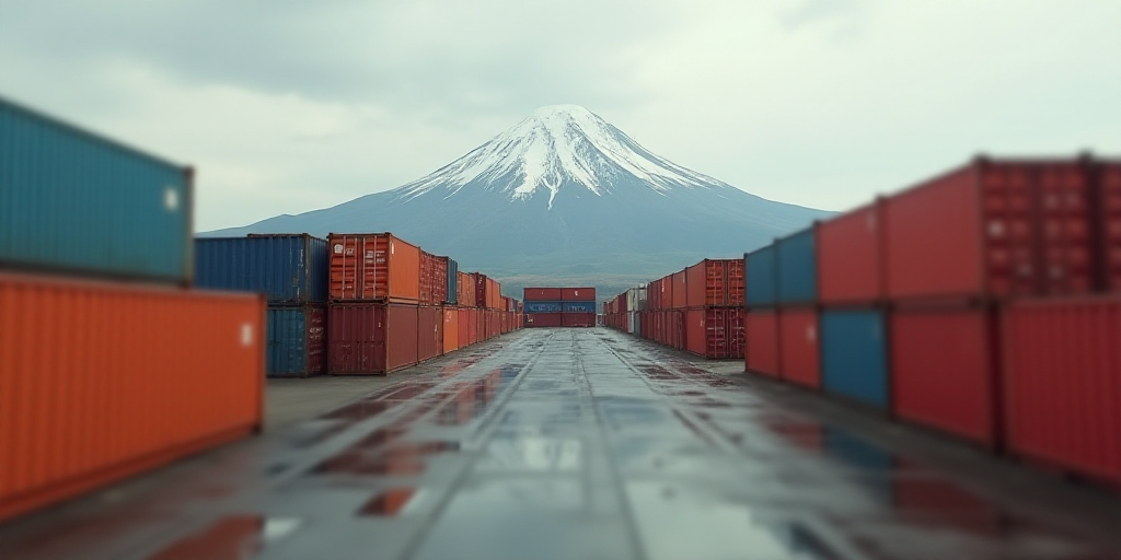 a large amount of containers are stacked up in a large container yard with a mountain in the backgro