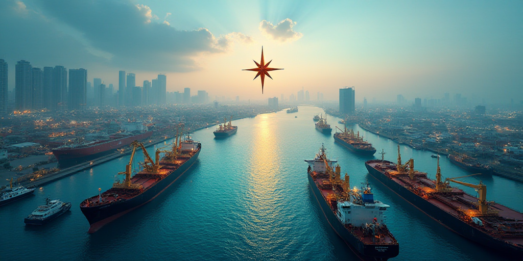 a large amount of ships are docked in a harbor with a city skyline in the background and a star in t