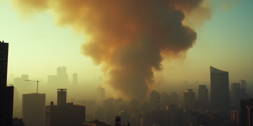 a large amount of smoke is billowing out of the sky in a city area with buildings in the background,