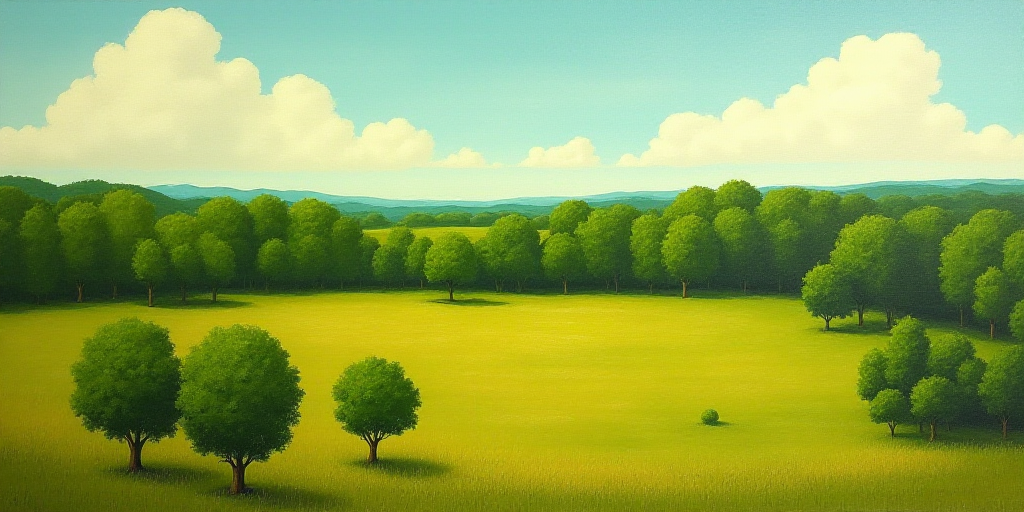 a large area of green trees and grass in the middle of a field with a sky background and a few cloud