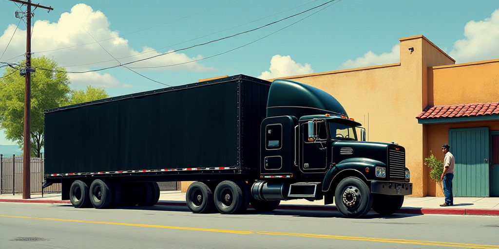 a large black truck parked next to a fence and a building with a man standing next to it on a sidewa