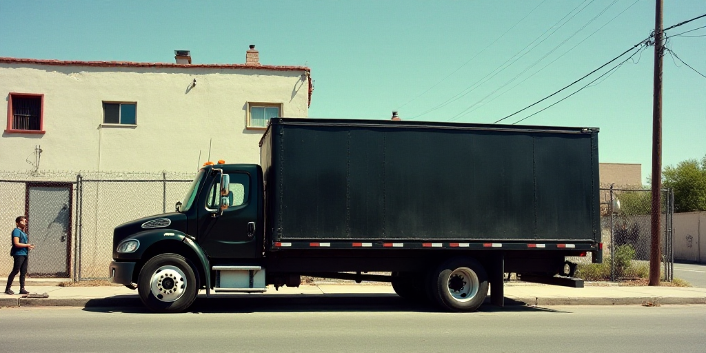 a large black truck parked next to a fence and a building with a man standing next to it on a sidewa