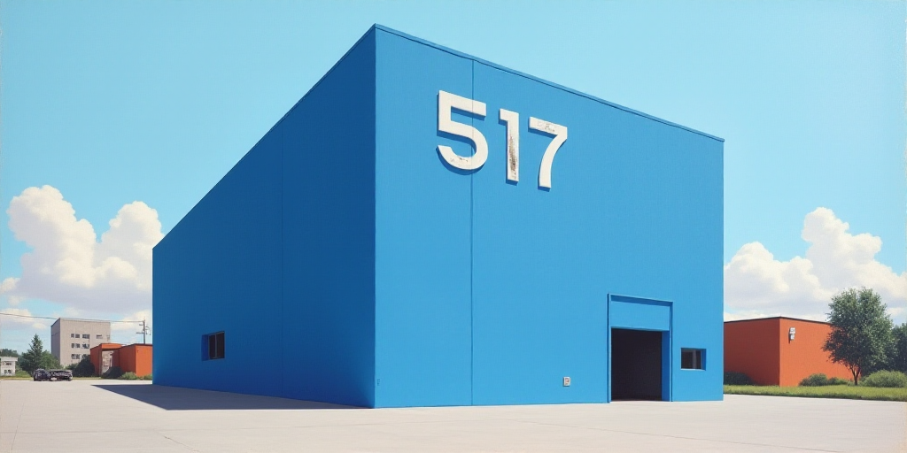 a large blue building with a number on it's side and a sky background with a building and a sky line