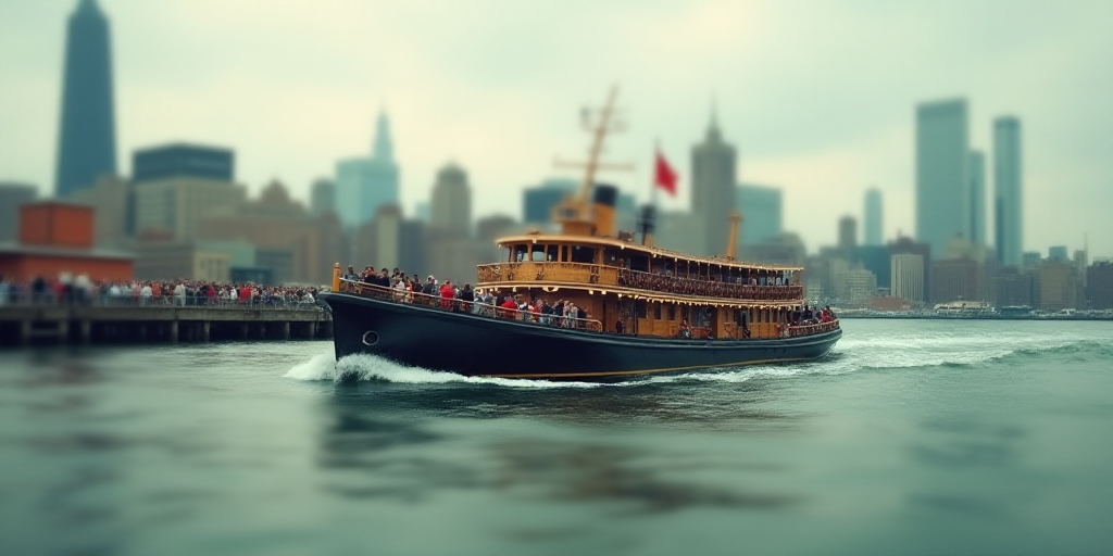 a large boat with a lot of people on it in the water near a city skyline and a pier, Erlund Hudson,