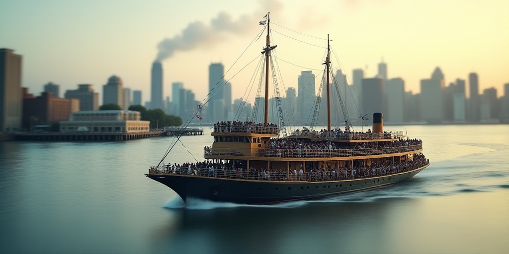a large boat with a lot of people on it in the water near a city skyline and a pier, Erlund Hudson,
